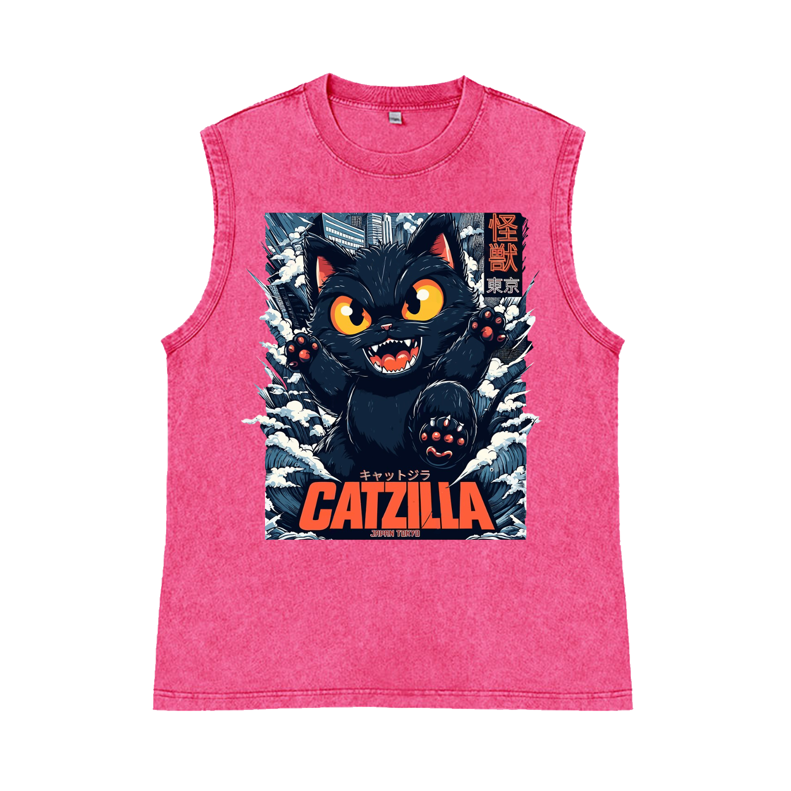 Catzilla Cat Kaiju Pure Cotton Wash-Dyed Sleeveless Tank Top