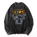 Cat Cattitude Vintage Cotton Wash Crewneck Long-Sleeve T-Shirt