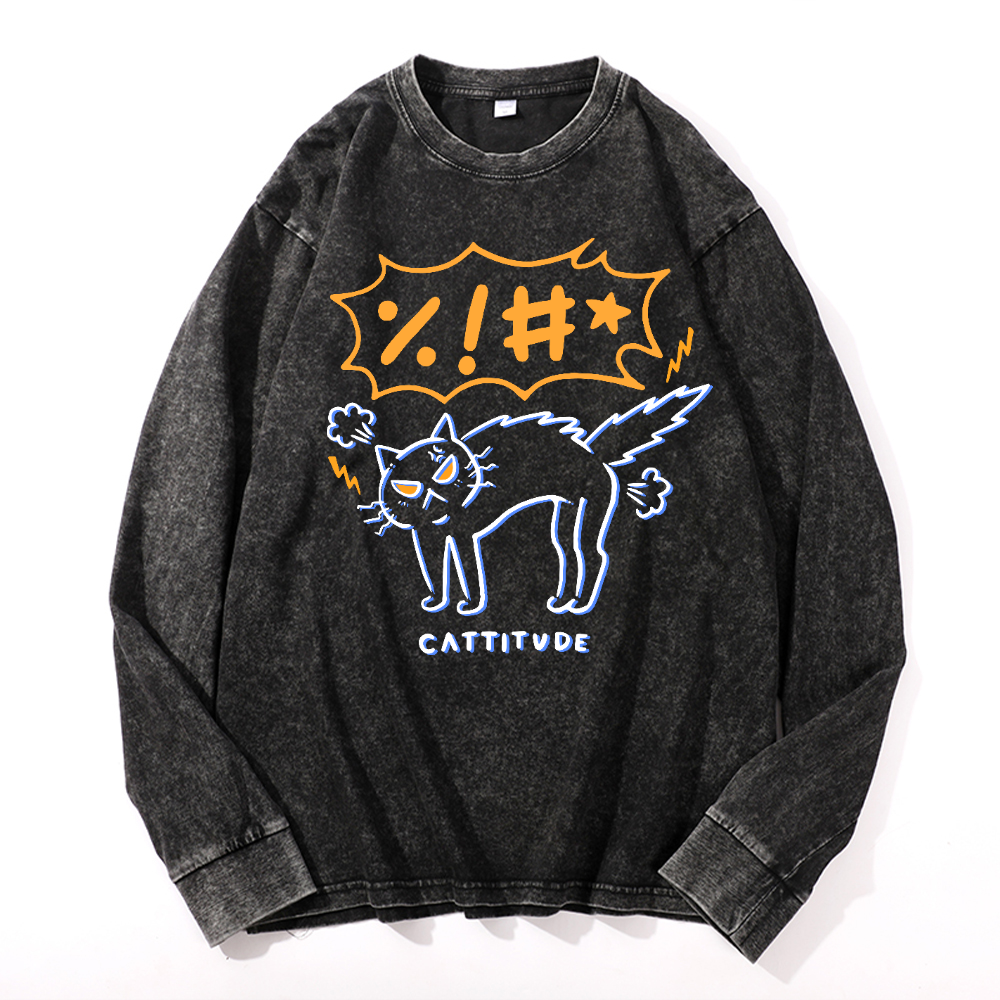 Cat Cattitude Vintage Cotton Wash Crewneck Long-Sleeve T-Shirt