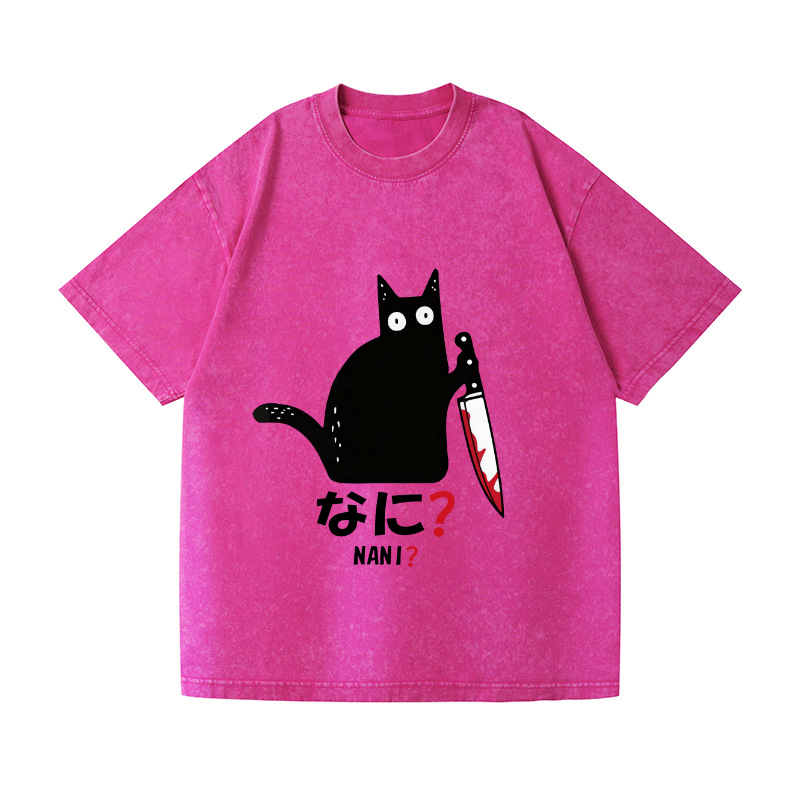 The Black Cat with a Knife Vintage Wash Japanese Design T-Shirt