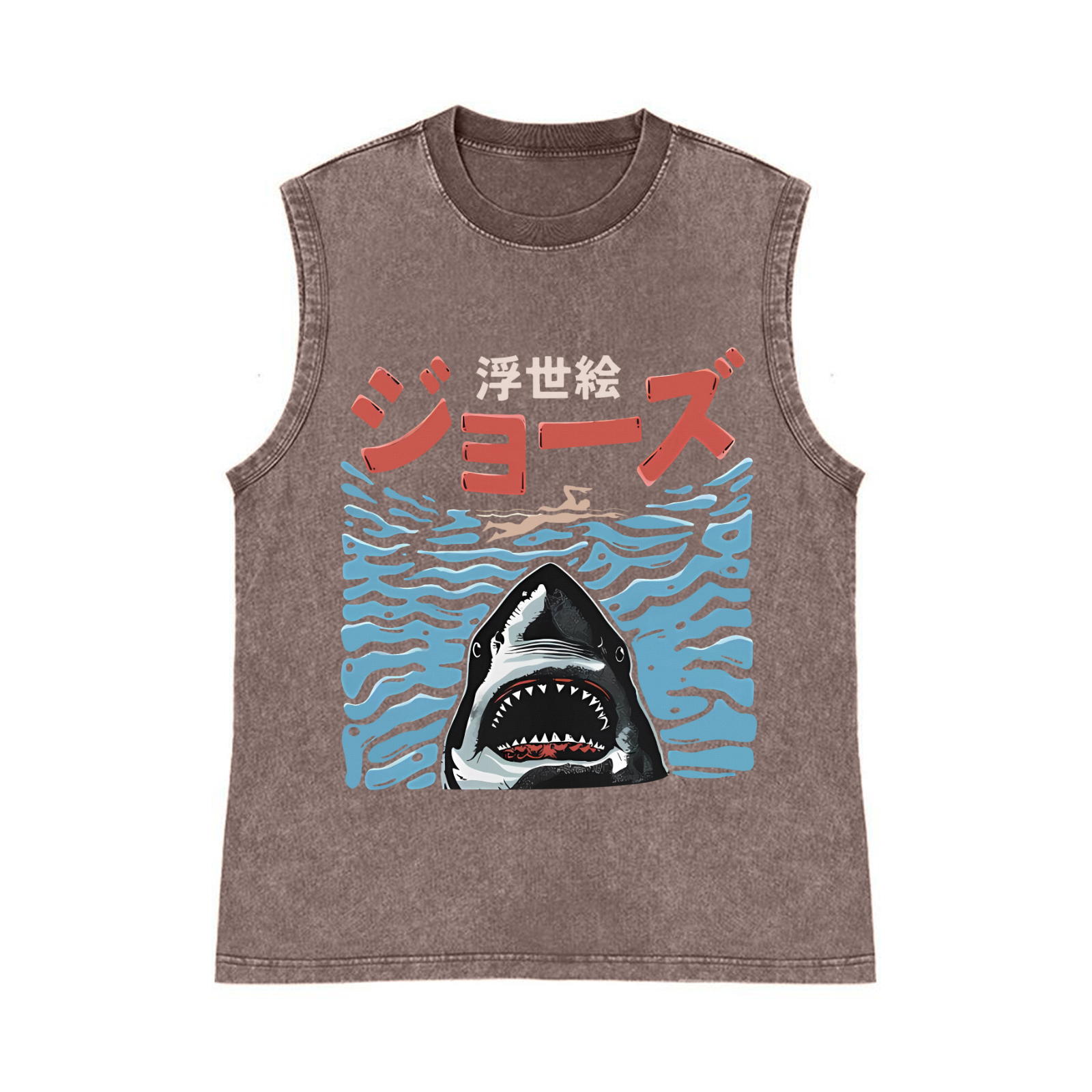 Ukiyoe Jaws Shark Pure Cotton Wash-Dyed Sleeveless Tank Top
