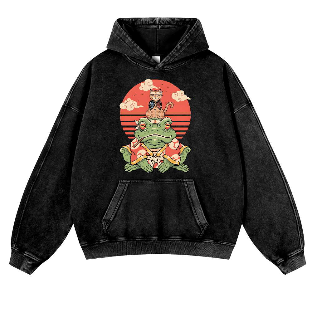 Cat and Frog Vintage Washed Thick Cotton Hoodie