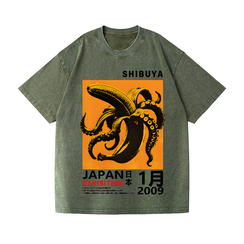 Shibuya Banana Octopus Vintage Wash Japanese Design T-Shirt