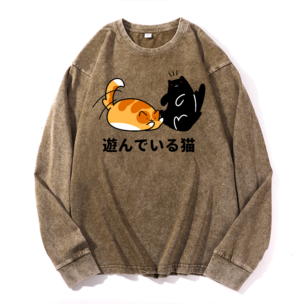Cat Vintage Cotton Wash Crewneck Long-Sleeve T-Shirt