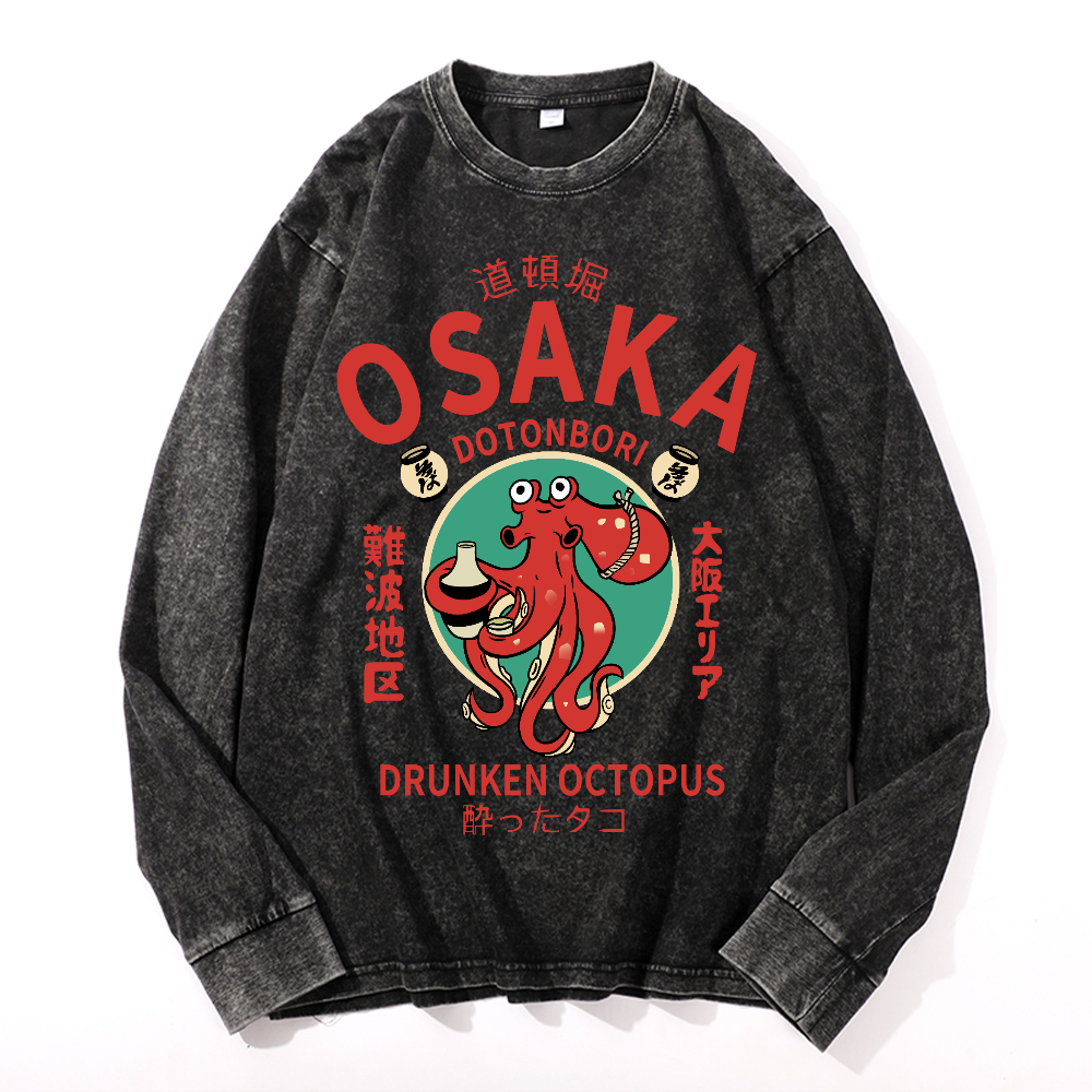 Osaka Drunken Octopus Vintage Cotton Wash Crewneck Long-Sleeve T-Shirt