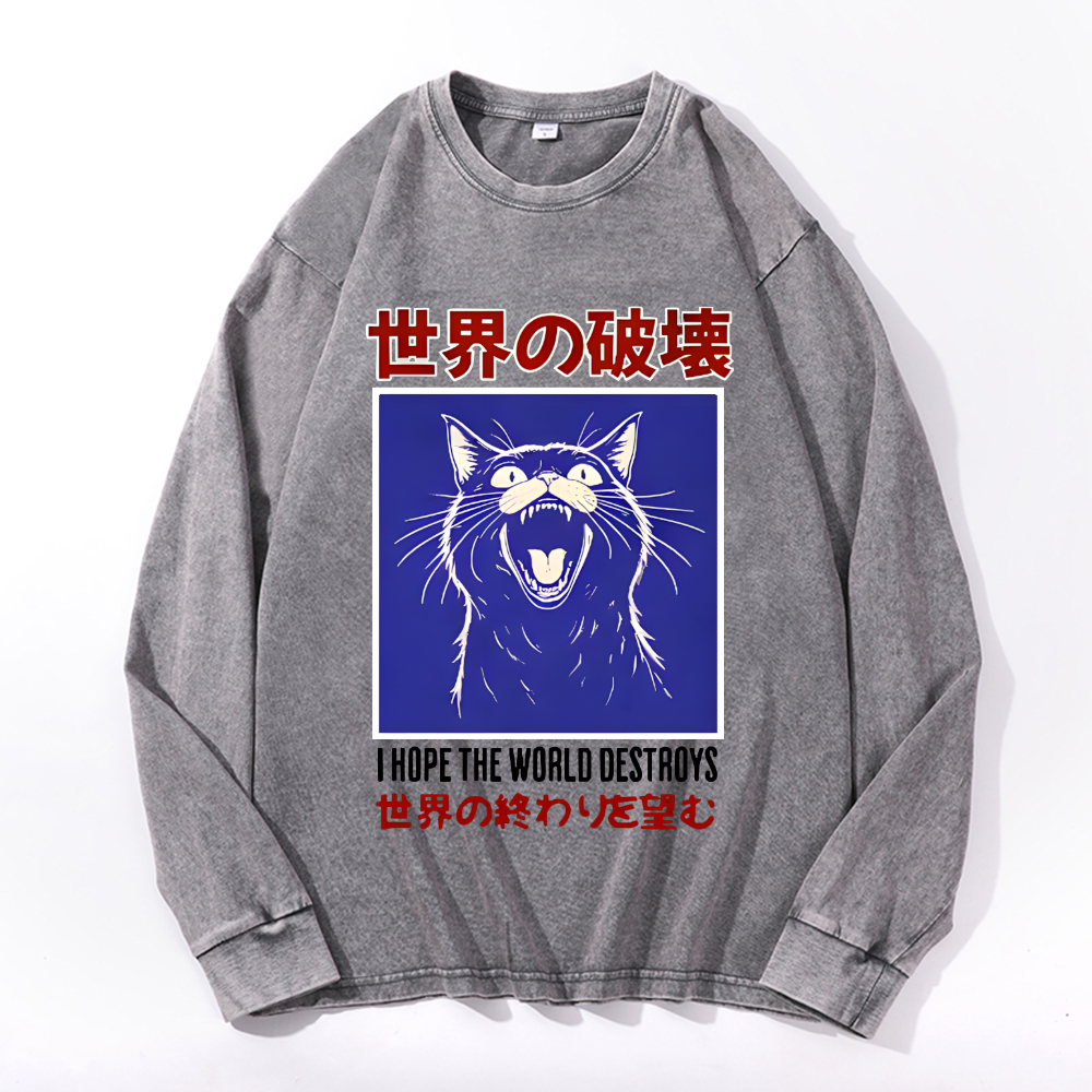 Cat Vintage Cotton Wash Crewneck Long-Sleeve T-Shirt