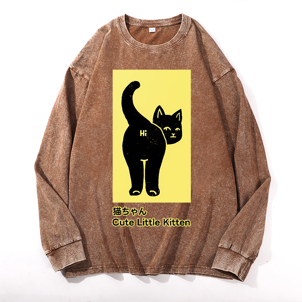 Cute Little Kitten Black Cat Vintage Cotton Wash Crewneck Long-Sleeve T-Shirt