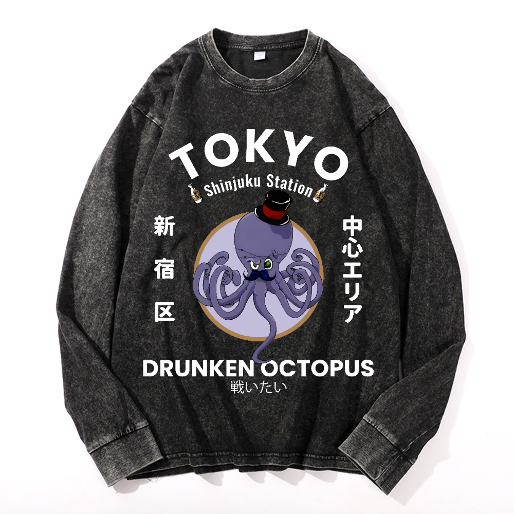 Tokyo Octopus Vintage Cotton Wash Crewneck Long-Sleeve T-Shirt