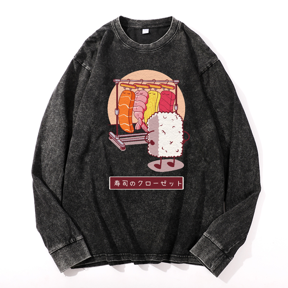 Sushi Vintage Cotton Wash Crewneck Long-Sleeve T-Shirt