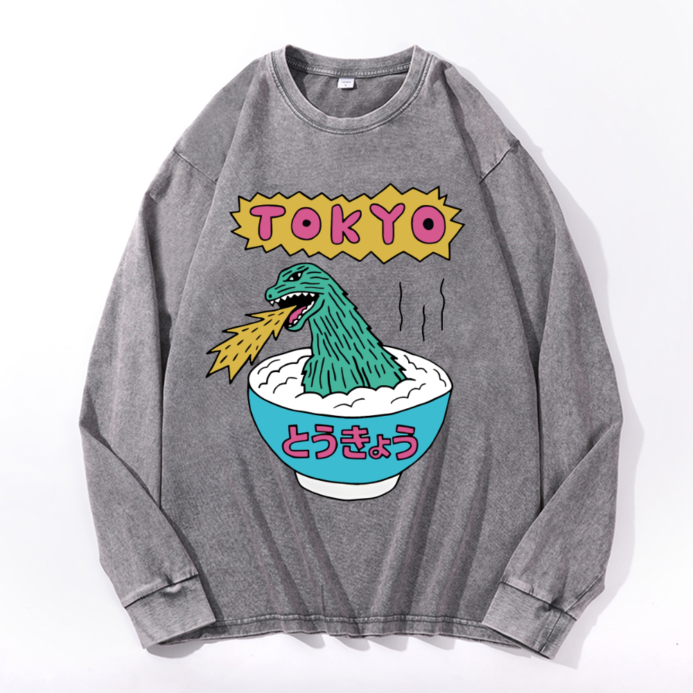 Kaiju Tokyo Vintage Cotton Wash Crewneck Long-Sleeve T-Shirt