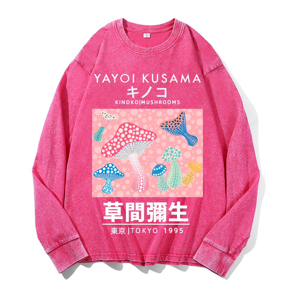Yayoi Kusama Mushroom Vintage Cotton Wash Crewneck Long-Sleeve T-Shirt