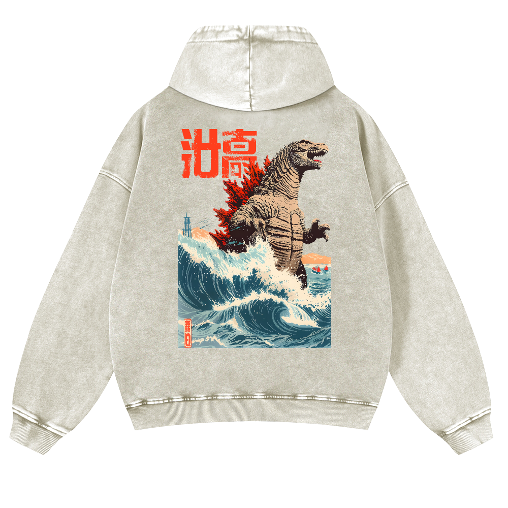 Kaiju Wave Vintage Washed Cotton Back Art Hoodie