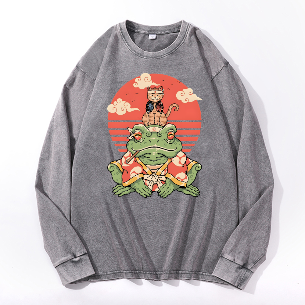 Cat Vintage Cotton Wash Crewneck Long-Sleeve T-Shirt