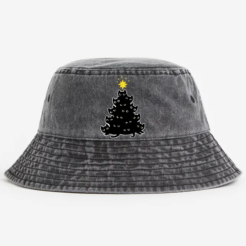 Christmas Tree Cat Vintage 100% Cotton Bucket Hat