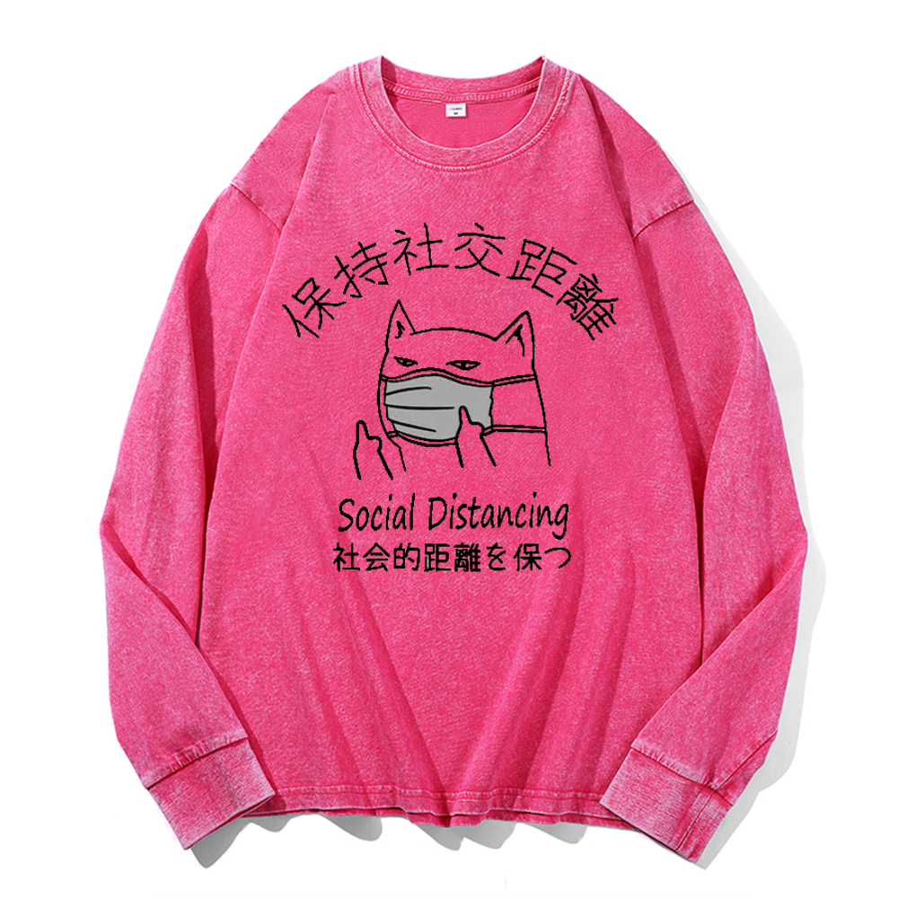 Social Distancing Vintage Cotton Wash Crewneck Long-Sleeve T-Shirt