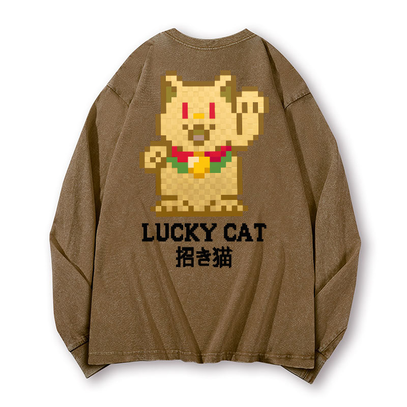 Mosaic Lucky Cat Vintage Washed Cotton Back Art Long-sleeve T-shirt