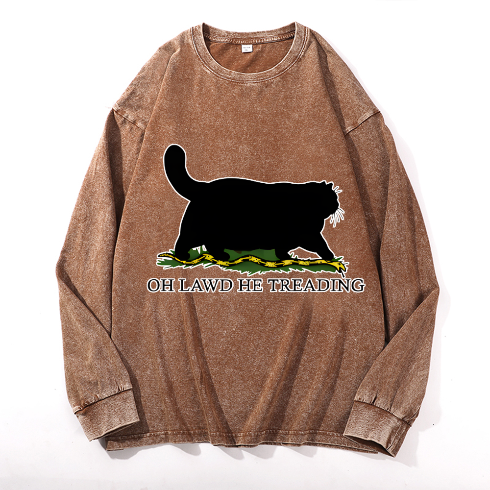Black Cat Vintage Cotton Wash Crewneck Long-Sleeve T-Shirt