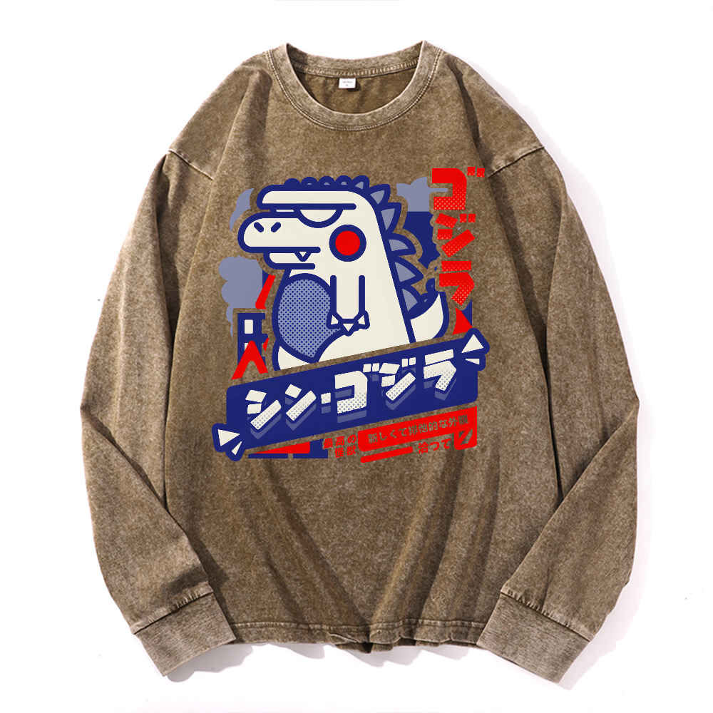 Kaiju Vintage Cotton Wash Crewneck Long-Sleeve T-Shirt
