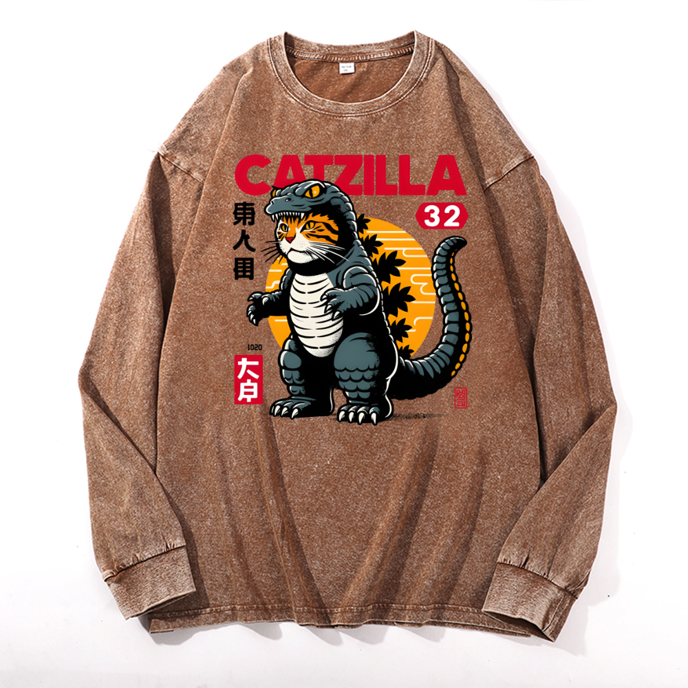 Catzilla Cat Kaiju Vintage Cotton Wash Crewneck Long-Sleeve T-Shirt