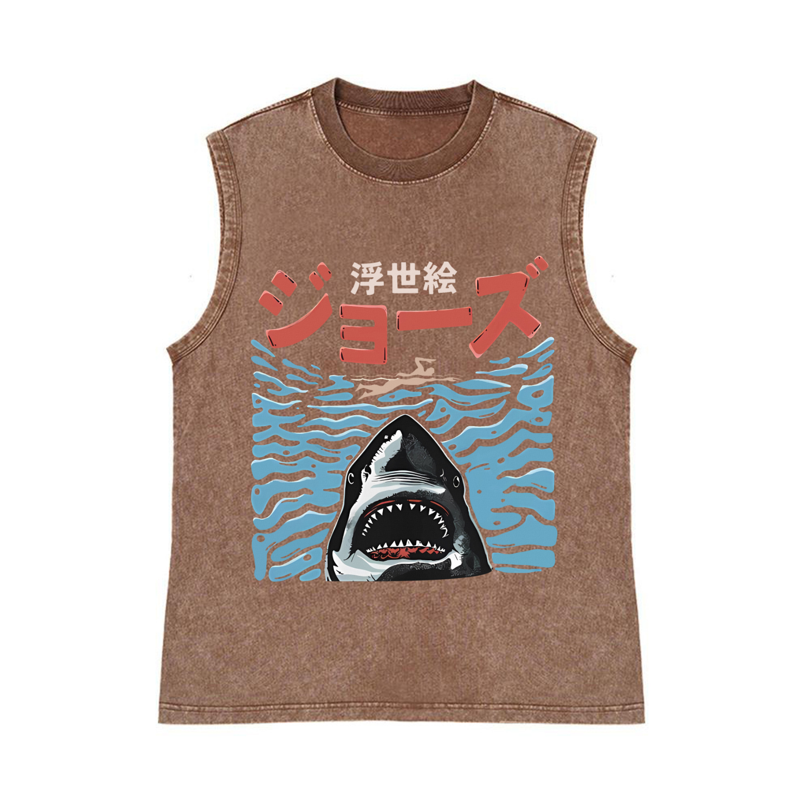 Ukiyoe Jaws Shark Pure Cotton Wash-Dyed Sleeveless Tank Top