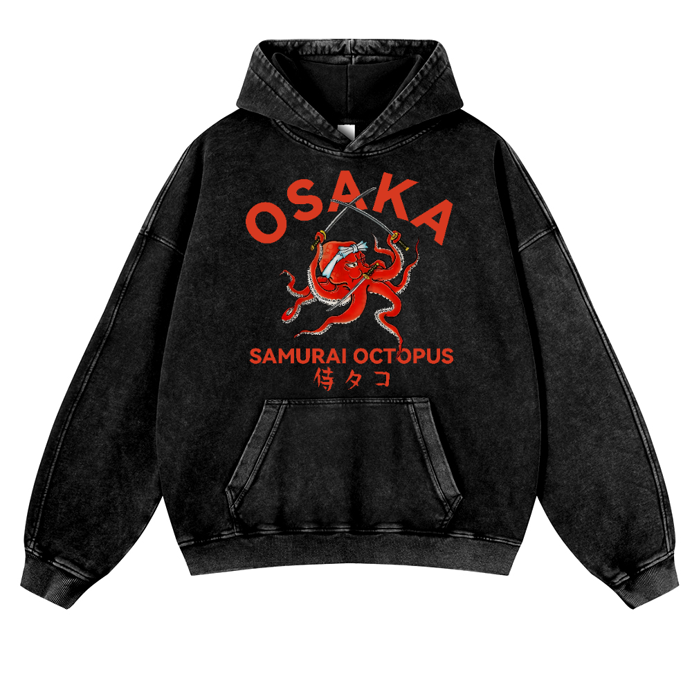 Samurai Octopus Vintage Washed Thick Cotton Hoodie
