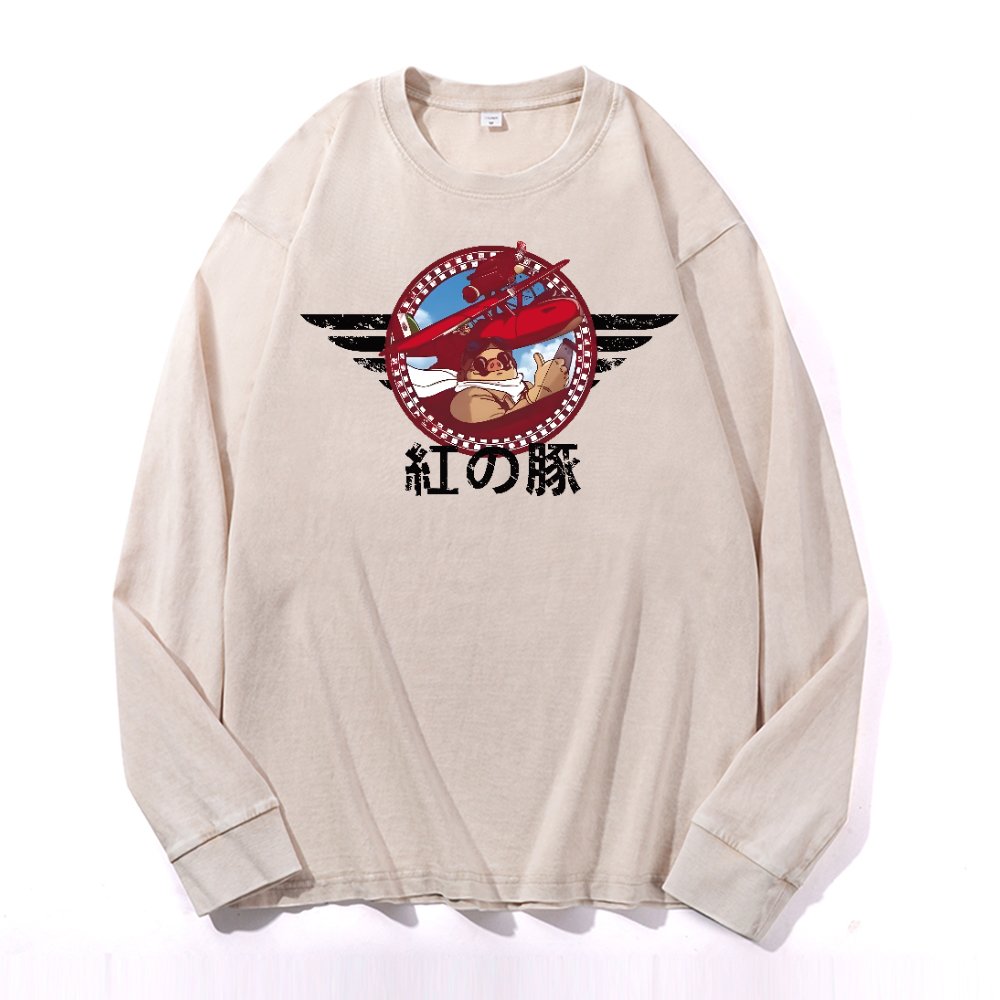 Ghibli Porco Rosso Vintage Cotton Wash Long-sleeve T-shirt