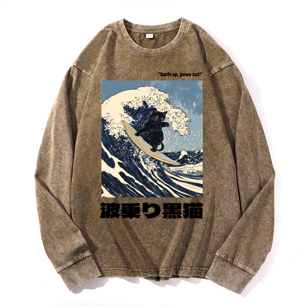 Black Cat Great Wave Vintage Cotton Wash Long-sleeve T-shirt