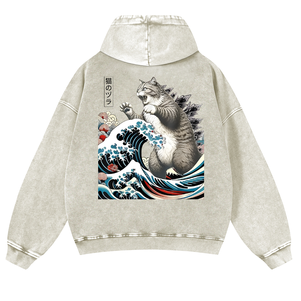 Cat Kaiju Ukiyoe Great Wave Vintage Washed Cotton Back Art Hoodie