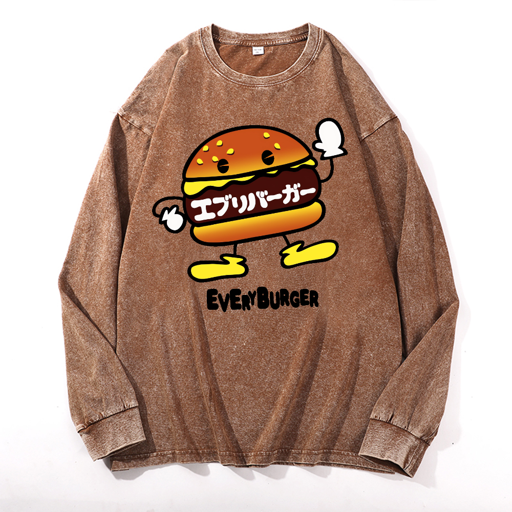 Burger Vintage Cotton Wash Crewneck Long-Sleeve T-Shirt