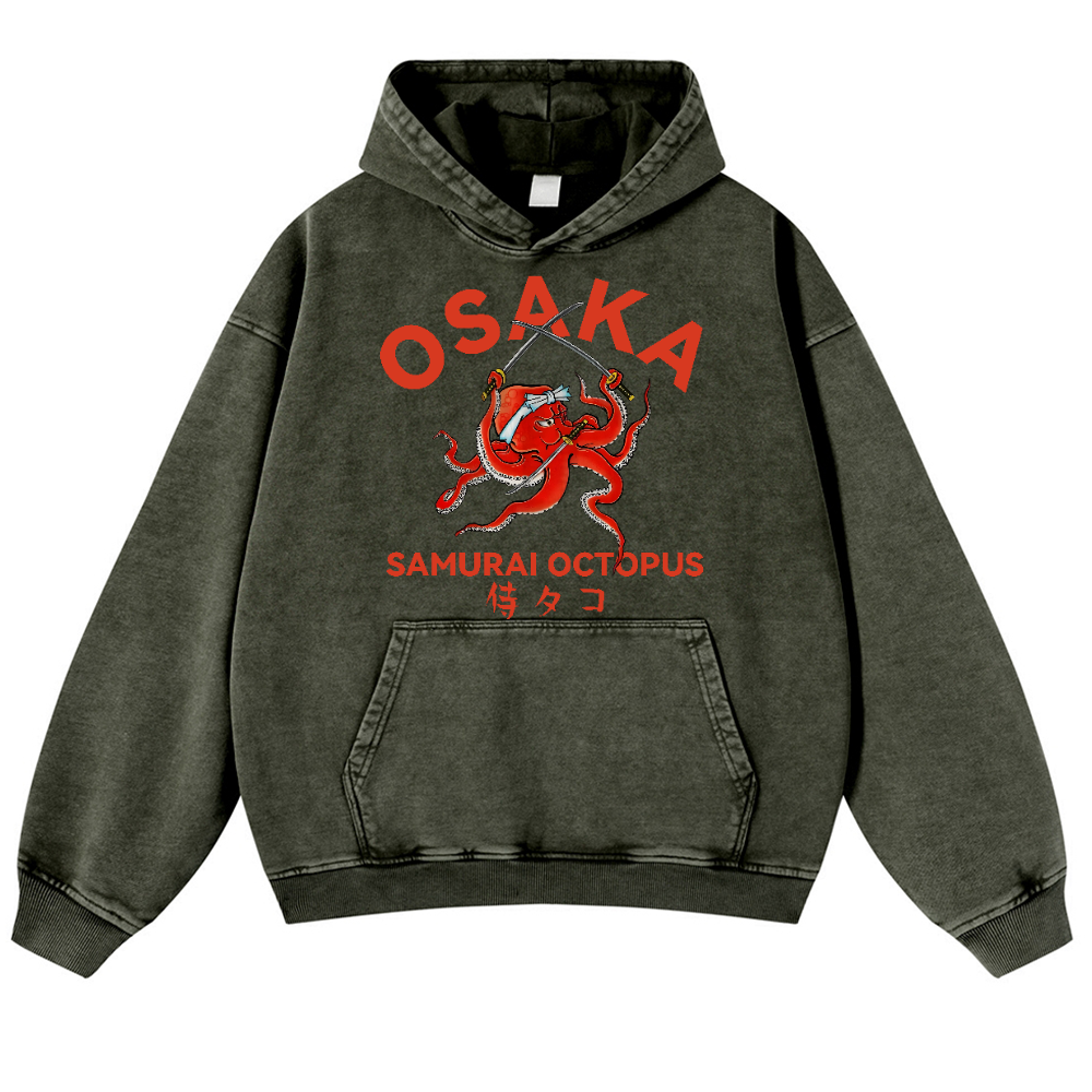 Samurai Octopus Vintage Washed Thick Cotton Hoodie