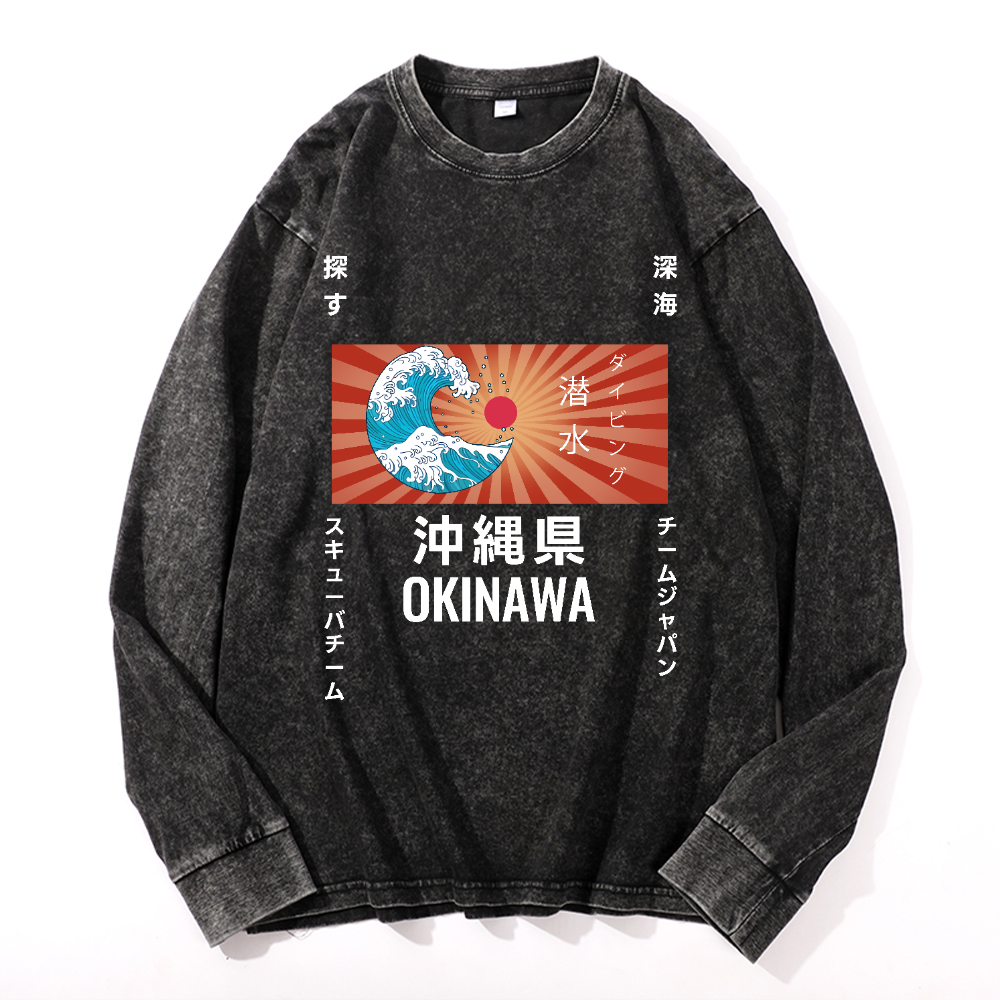 Okinawa Wave Vintage Cotton Wash Crewneck Long-Sleeve T-Shirt