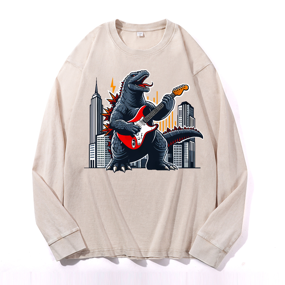 Rock Kaiju Vintage Cotton Wash Crewneck Long-Sleeve T-Shirt