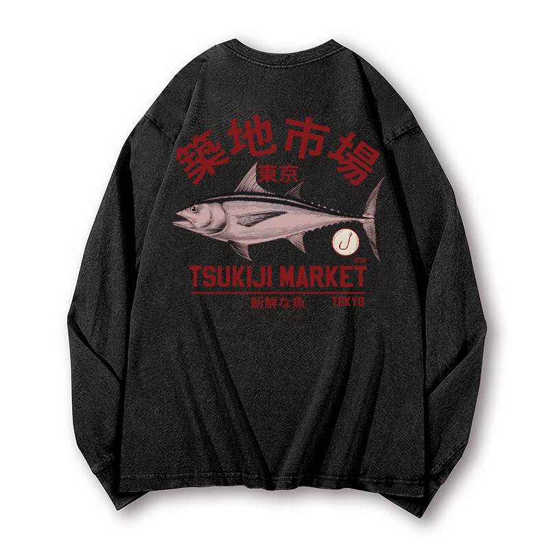 Tsukiji Fish Market Vintage Washed Cotton Back Art Long-sleeve T-shirt