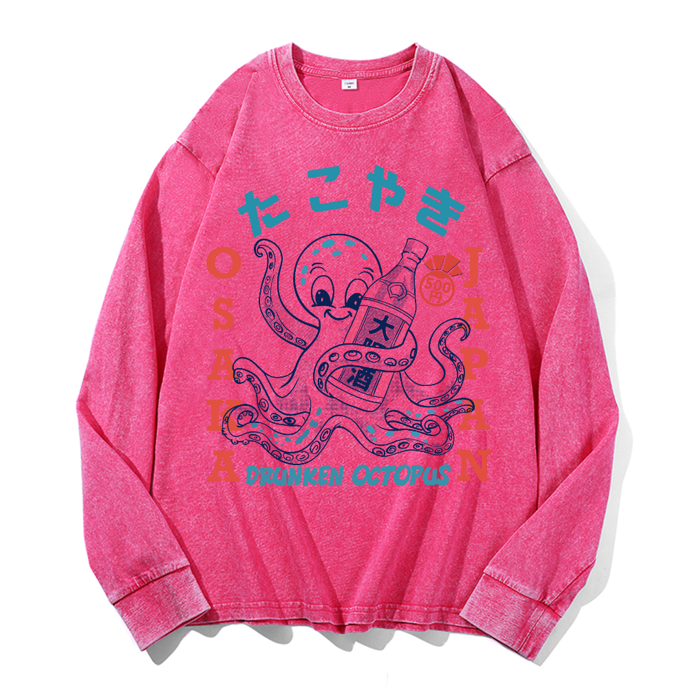 Drunken Octopus Vintage Cotton Wash Crewneck Long-Sleeve T-Shirt