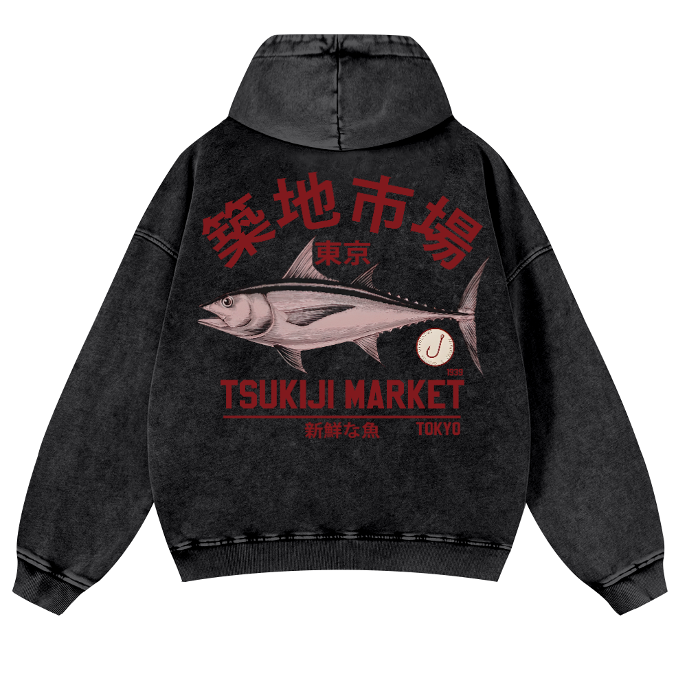 Tsukiji Fish Market Vintage Washed Cotton Back Art Hoodie