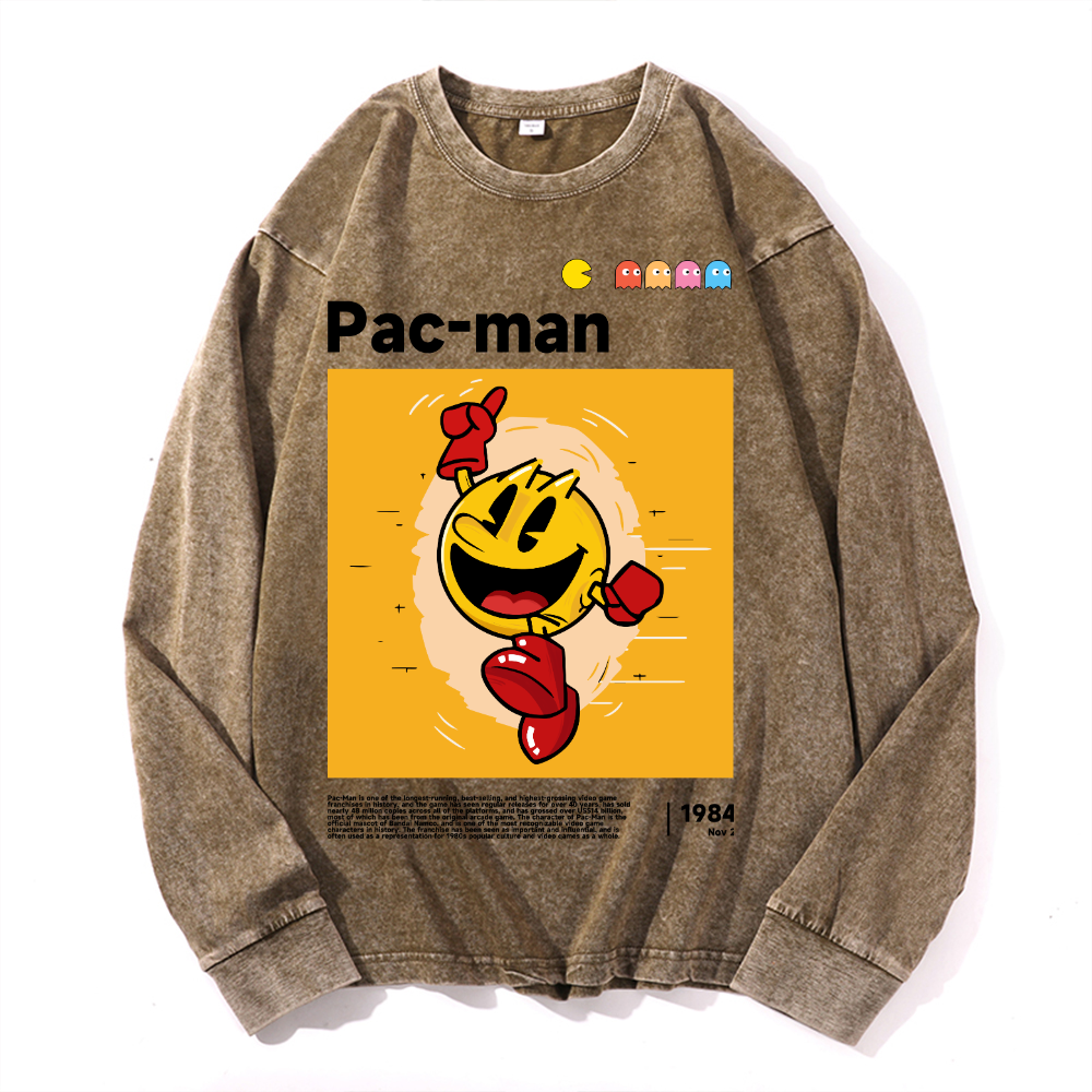 Pacman Vintage Cotton Wash Crewneck Long-Sleeve T-Shirt