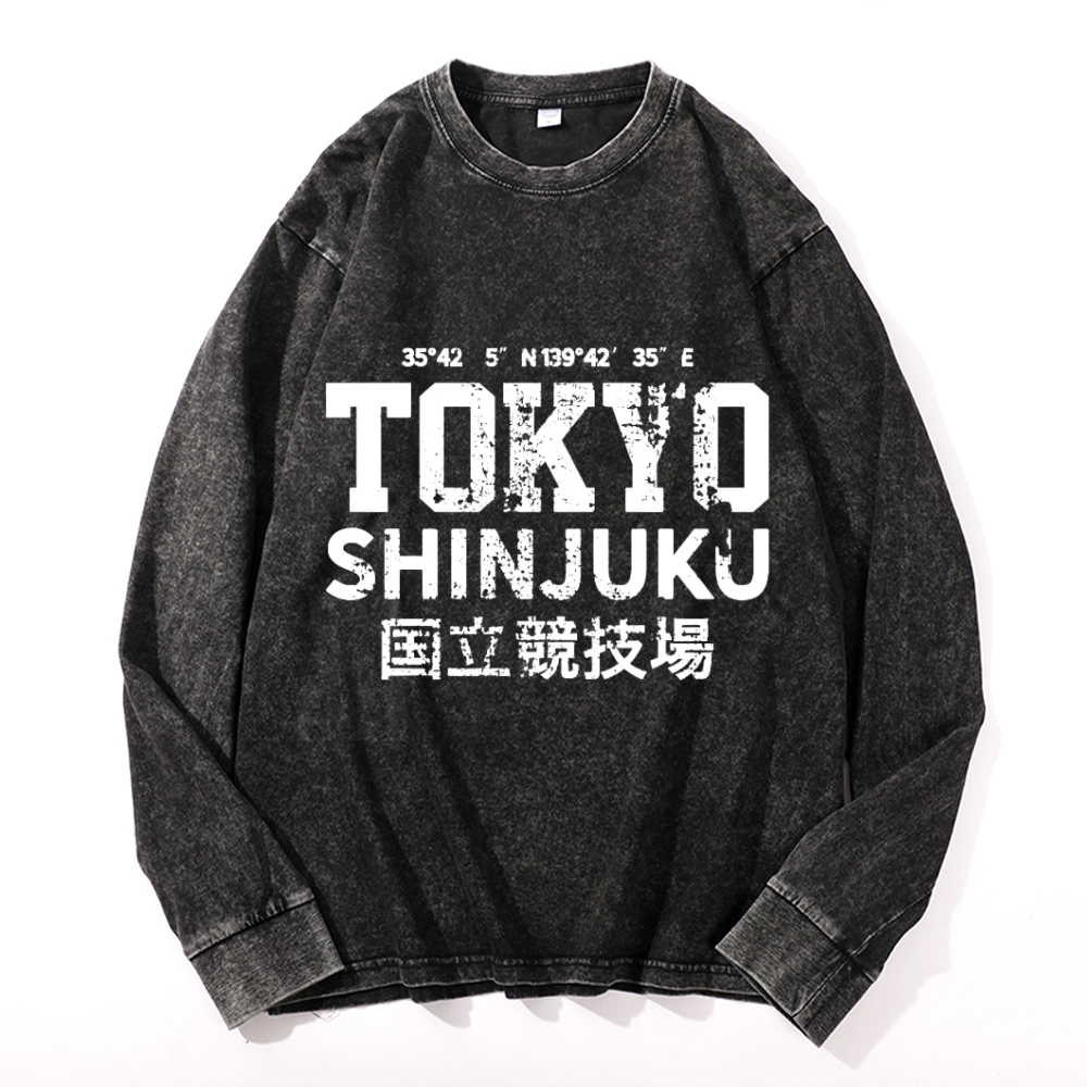 Tokyo Shinjuku Vintage Cotton Wash Crewneck Long-Sleeve T-Shirt