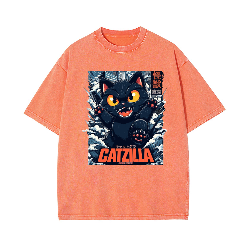 Black Cat Kaiju Catzilla Vintage Wash Japanese Design T-Shirt
