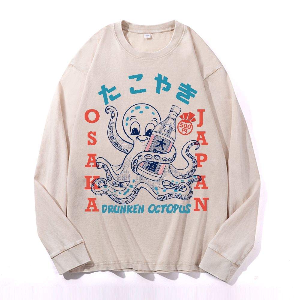 Drunken Octopus Vintage Cotton Wash Crewneck Long-Sleeve T-Shirt