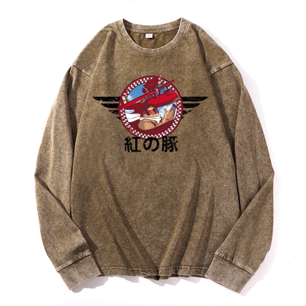 Ghibli Porco Rosso Vintage Cotton Wash Long-sleeve T-shirt