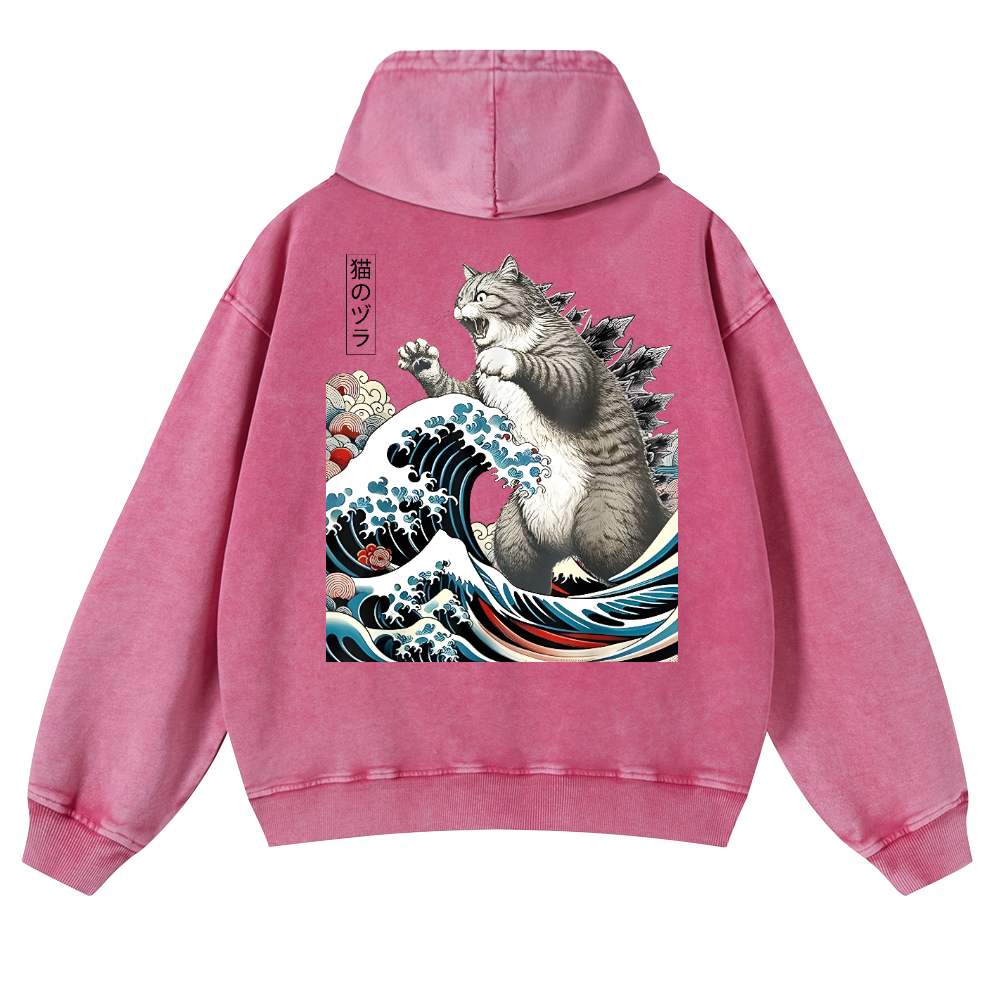 Cat Kaiju Ukiyoe Great Wave Vintage Washed Cotton Back Art Hoodie
