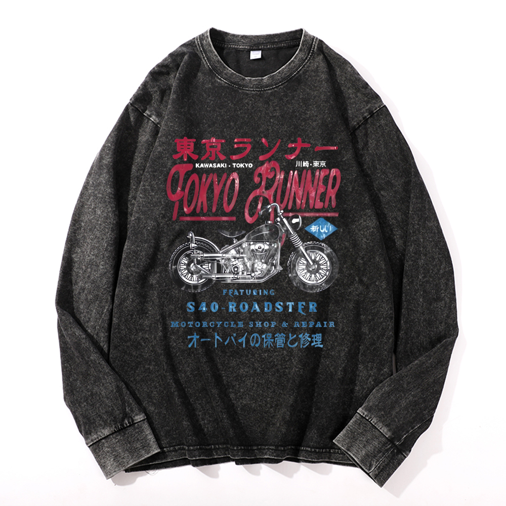 Tokyo Kawasaki S40 Repair Vintage Cotton Wash Crewneck Long-Sleeve T-Shirt