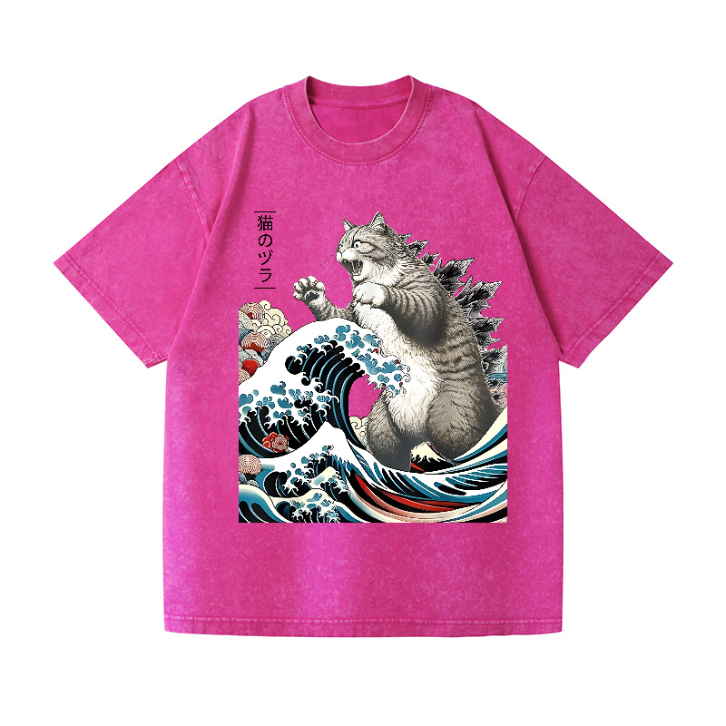 Cat Kaiju Ukiyoe Great Wave Vintage Wash Japanese Design T-Shirt
