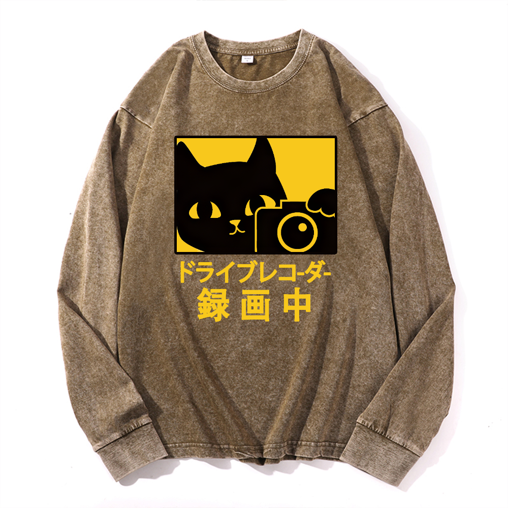 Cat Camera Vintage Cotton Wash Long-sleeve T-shirt