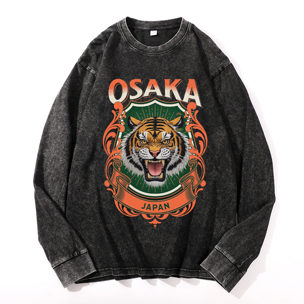 Osaka Tiger Vintage Cotton Wash Crewneck Long-Sleeve T-Shirt