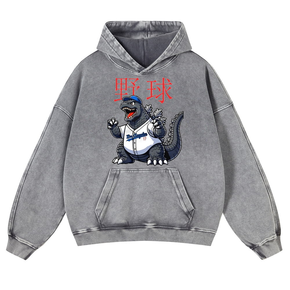 Kaiju Baseball Adventure Vintage Washed Thick Cotton Hoodie
