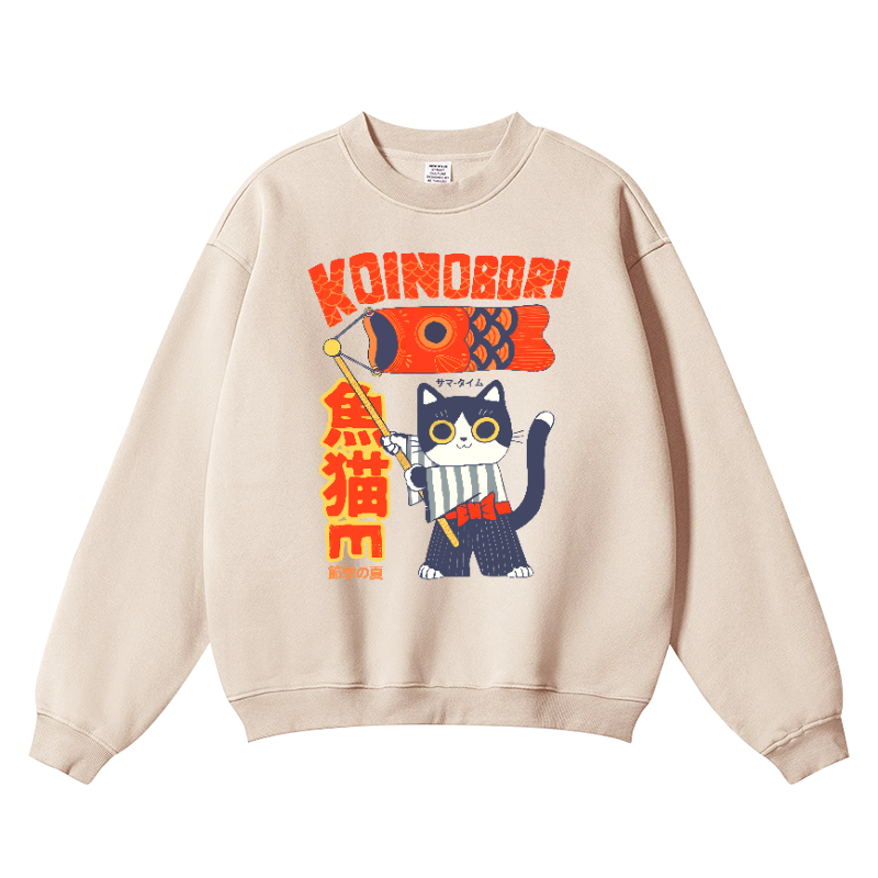 Koinobori Cat Vintage Cotton Blend Crewneck Sweatshirt