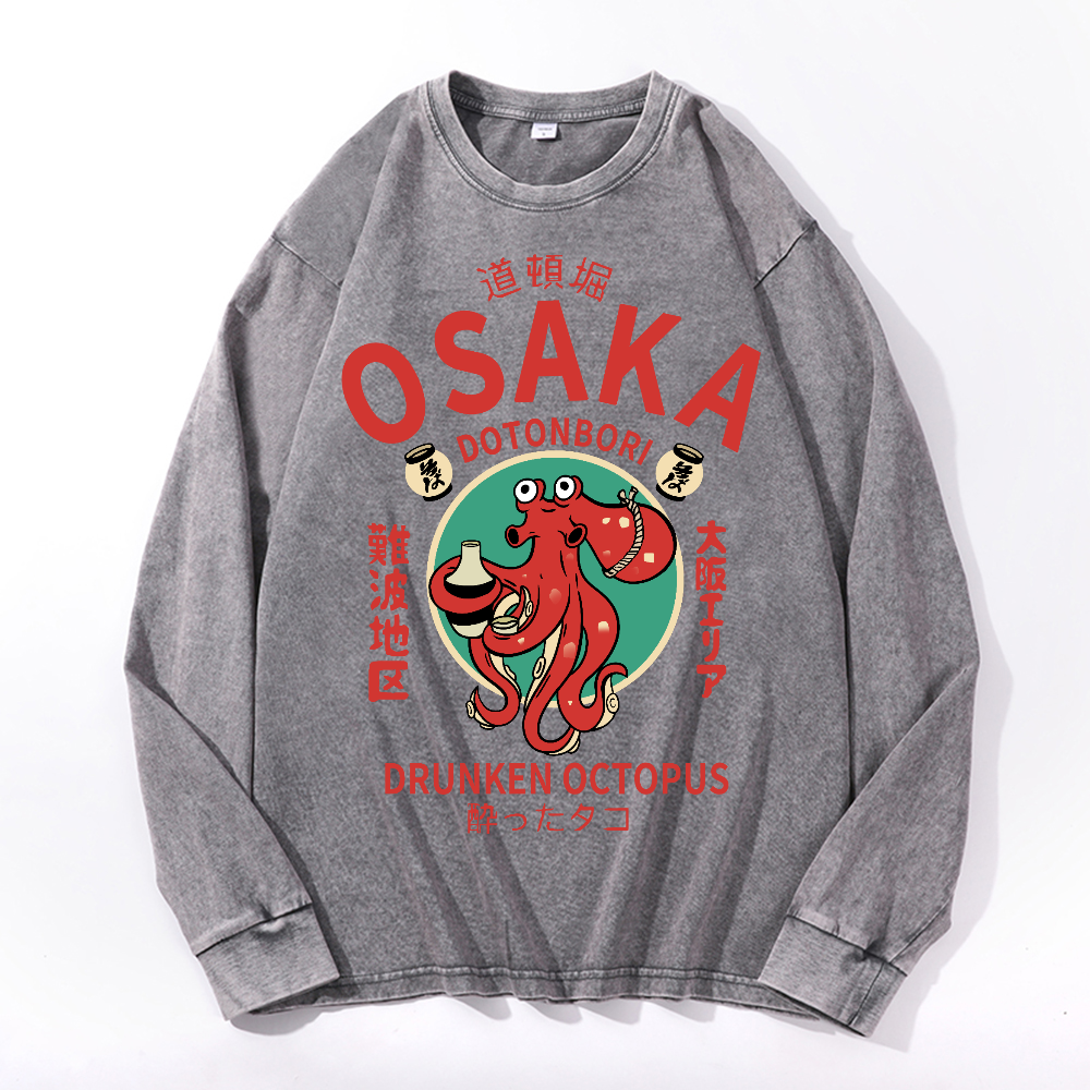 Osaka Drunken Octopus Vintage Cotton Wash Crewneck Long-Sleeve T-Shirt