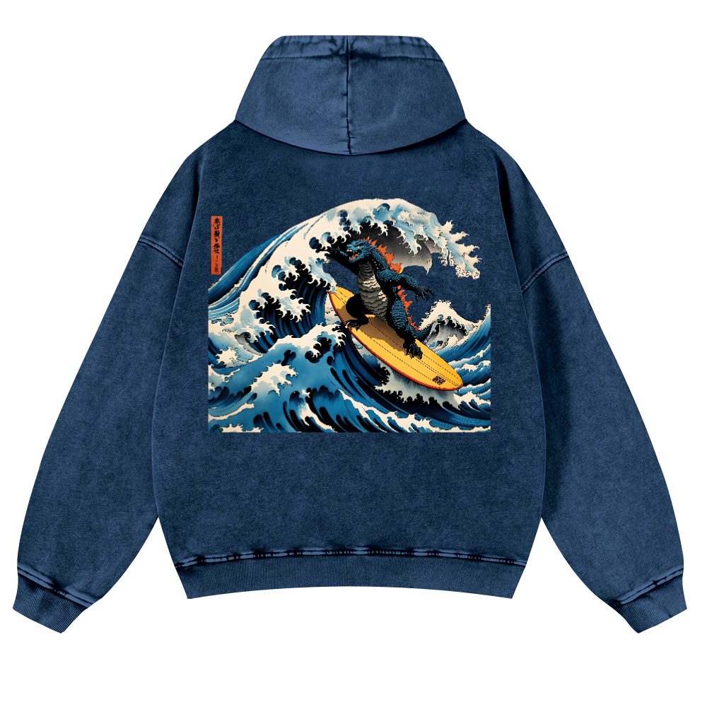Kaiju Ukiyoe Wave Vintage Washed Cotton Back Art Hoodie