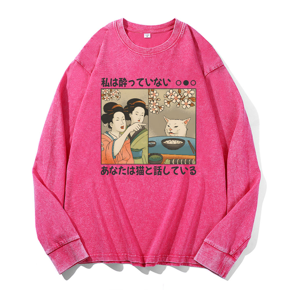 Woman Yelling at a Cat Vintage Cotton Wash Crewneck Long-Sleeve T-Shirt